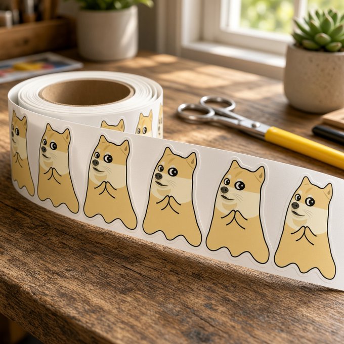 A roll of stickers featuring cartoon Shiba Inu dogs in a prayer pose sits on a wooden table alongside scissors and a small potted plant.