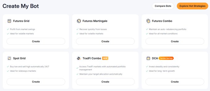The image shows Bybit's "Create My Bot" page featuring six bot options: Futures Grid, Futures Martingale, Futures Combo, Spot Grid, TradFi Combo (marked "New"), and DCA (marked "Popular Strategy"). The "TradFi Combo" option aligns with the post's discussion, highlighting it as a new addition that lets users automate portfolios across up to 10 traditional assets like gold, forex, stock CFDs, and indices—distinguishing it from the crypto-only grid bots shown in the other options.