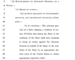 The image shows page 3 of a legal document titled "Endorsement by Attorney General of a State," specifically Section 1 "Right of Action" (a), addressing actions relating to sponsorship, issuance, and significant financial interests.

The document references the "residency of a State other than the State of the residents of the State" and an "appropriate district court of the United States," which relates to the article about Warren's team challenging Trump's Clarity Ethics Deal and the newly established State Attorney General power to bring actions on behalf of residents of their state.
