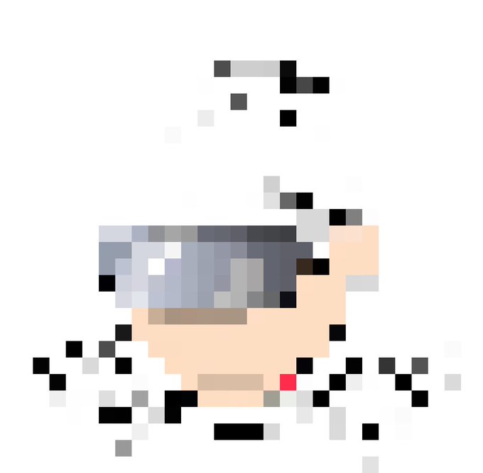 A highly pixelated, low-resolution image showing what appears to be a person or character with blue/gray hair, peach-toned skin, and a small red detail near the bottom, with scattered gray and black pixel artifacts floating around the white background—likely a degraded or glitched profile picture or avatar, fitting the post's theme about the "cost" of being late in crypto/NFT drops being captured in a fragmented, incomplete visual.