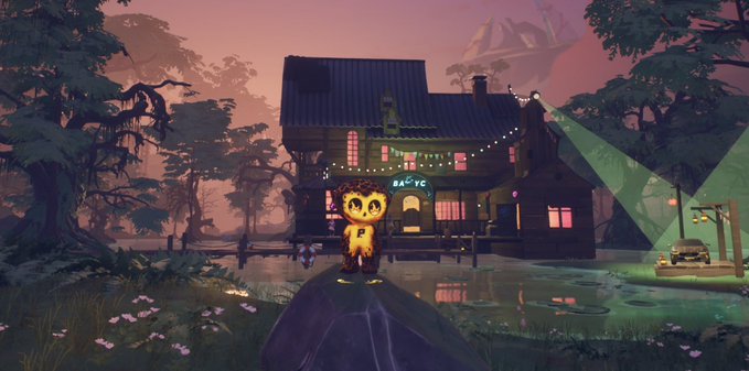 A stylized video game scene showing an orange fox-like character with a 'P' on its chest standing in a foggy swamp with a lit building labeled 'BAR' in the background.