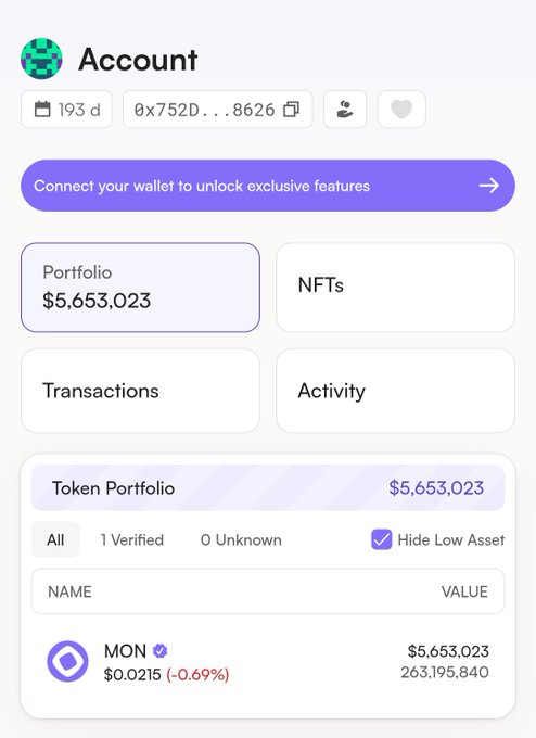 The image shows a wallet account overview displaying a portfolio value of $5,653,023, with a Token Portfolio section highlighting 263,195,840 MON tokens (ticker $MON) valued at $5,653,023 at $0.0215 each, matching the post's mention of "263.2M $MON (~$5.67M)" held by the wallet address 0x752D...8626.