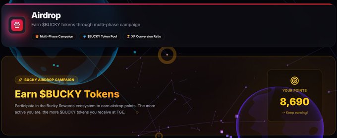 Screenshot of a $BUCKY token airdrop campaign page showing 8,690 points and details about earning tokens through multi-phase campaigns, XP conversion ratios, and a token pool.