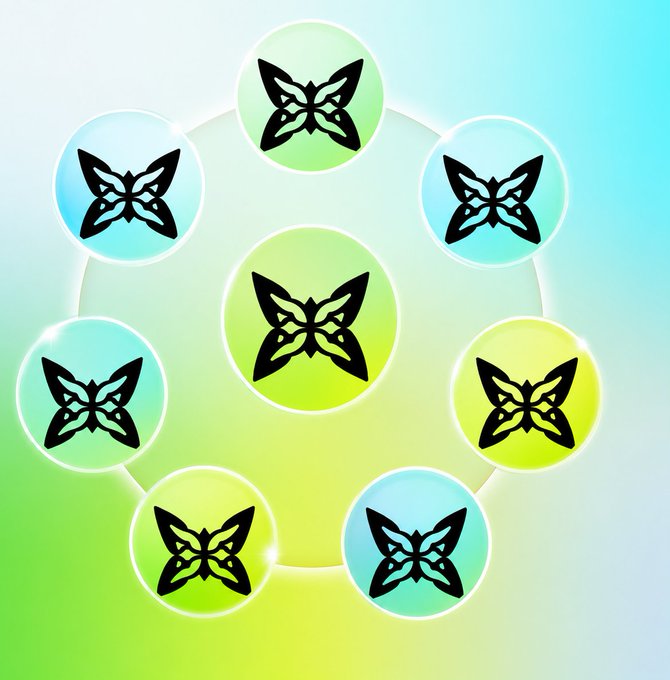 Seven glossy pastel orbs arranged in a circle around a matching central orb, each displaying a black butterfly emblem, form a network-like constellation that visually reinforces the post's message: QuipNetwork's vision of a decentralized marketplace linking quantum computing resources through interconnected nodes.