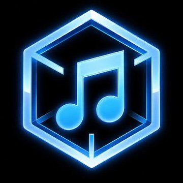 A glowing blue neon-style icon depicting a musical note inside a hexagon on a black background.