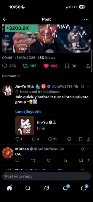 A screenshot of a social media post showing a trading chart with a +$203.2K gain, along with reply tweets from 'Jin-Yu 金玉' and 'Mufasa' visible below.