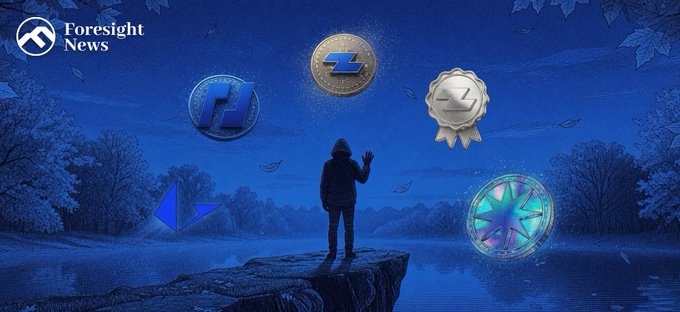 A 'Foresight News' graphic showing a hooded figure on a cliff reaching toward floating crypto tokens (Zcash, Litecoin, and other coins) with a glowing compass against a blue night landscape.