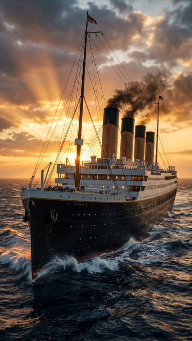 A dramatic sunset image of a large ocean liner resembling the Titanic with four smoking funnels, sailing through rough seas.