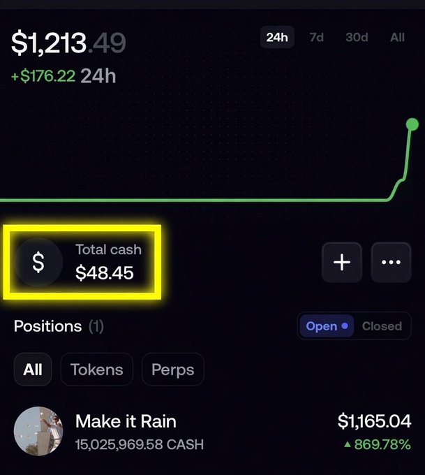 A trading interface displaying a portfolio balance of $1,213.49 with a +$176.22 24h gain, highlighting a low 'Total cash' balance of $48.45, alongside a position labeled 'Make it Rain' with 15,025,969.58 CASH showing a 869.78% increase.