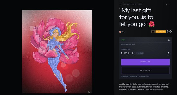An NFT digital artwork titled 'My last gift for you...is to let you go' from 'The Garden of the 7' collection, featuring an illustration of a woman intertwined with a pink flower, displayed on a marketplace with a bid of 0.15 ETH.