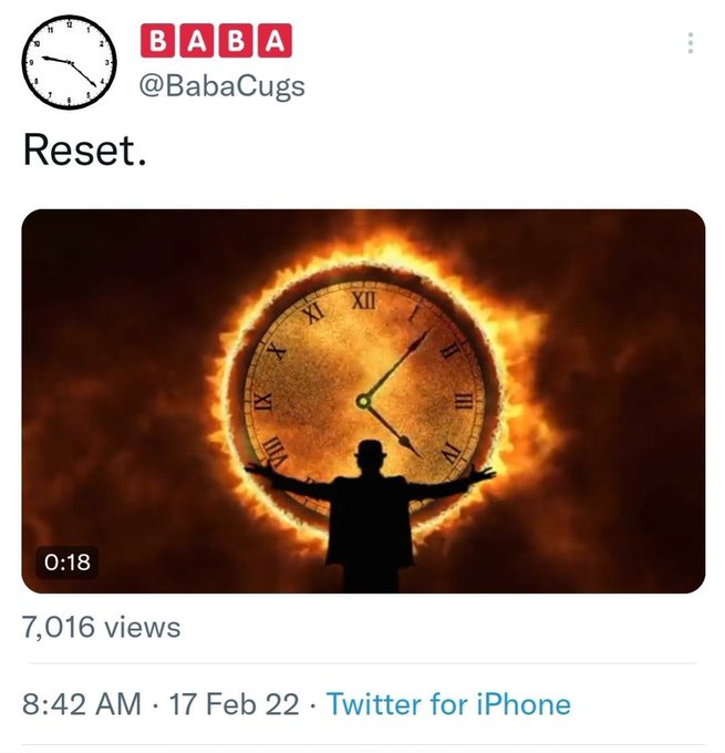 A tweet from @BabaCugs displays a striking image of a silhouetted figure with arms outstretched before a Roman numeral clock face engulfed in flames, with the single word "Reset." above it. The accompanying cryptic message references mystical dates (2/178/17, 8/8, 8/8/26, 888), the "Lion's Gate peak," and predicts $XRP will "reset the world that is on fire," tying the burning clock imagery to a prophesied financial reset tied to the Ripple cryptocurrency.