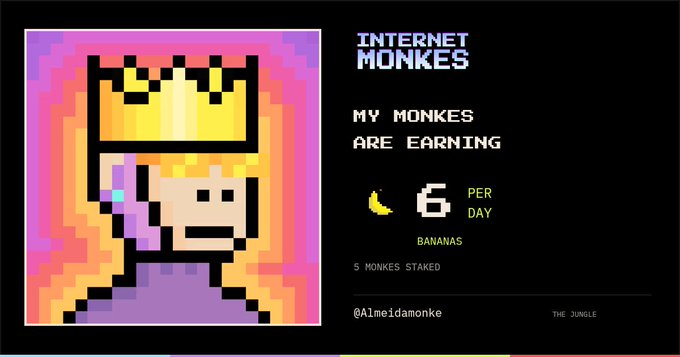 A pixel-art graphic of a crowned monkey character with text reading 'INTERNET MONKES', 'MY MONKES ARE EARNING', '6 PER DAY BANANAS', '5 MONKES STAKED', '@Almeidamonke', and 'THE JUNGLE'.