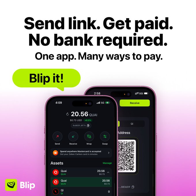 The image shows two cell phones, both displaying a message about instant payments through a messaging app called Bip. The first phone has a pink background with white text that reads " Send link. Get paid. No bank required. One app. Many ways to pay." The second phone also displays the same message in white text on its screen.