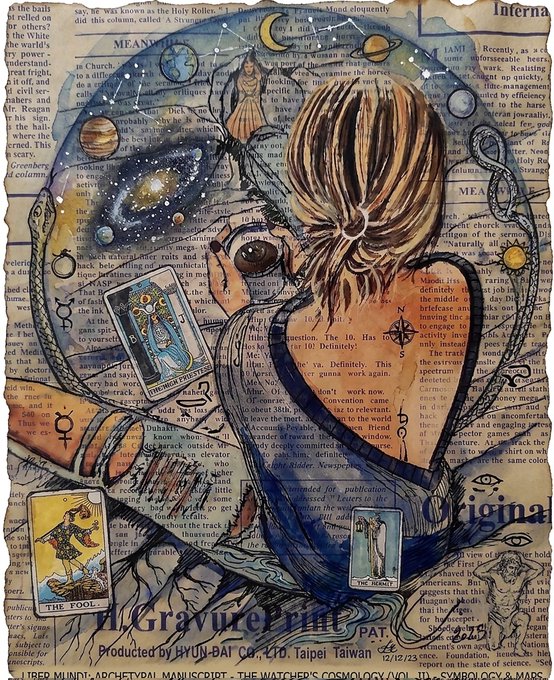 A colorful mixed-media collage on a dictionary page showing a woman with a ponytail looking at planets and tarot cards, with text including 'L Gravure Print', 'Produced by HYUI-BAI CO., LTD, Taipei Taiwan', and '12/12/23' by VIVIAN.