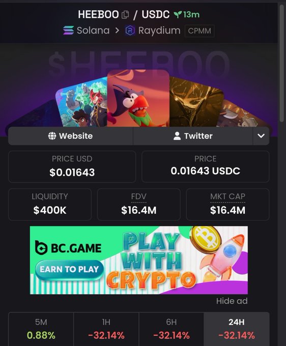 The image shows a trading dashboard for the HEEBOO/USDC token on Solana via Raydium, displaying a price of $0.01643 with a fully diluted valuation (FDV) of $16.4M and significant 32.14% losses across 1H, 6H, and 24H timeframes. This illustrates the post's point about the Heeboo presale's poor performance, as the token's FDV has dropped from the $24M closing figure mentioned to $16.4M, causing losses for presale buyers.
