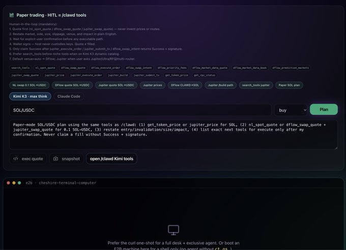 A Kimi K3 chat interface titled 'Paper trading - HTML = jclawd tools' displaying human-in-the-loop mandatory rules and a SOL/USDC plan response with tags for exec quote, snapshots, and open jclawd Kimi tools.