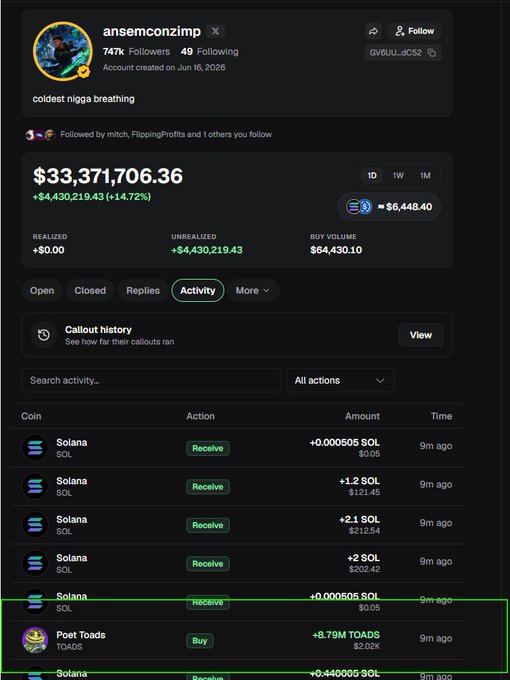 The image shows a portfolio tracking dashboard for the account "ansemconzimp" displaying a total portfolio value of $33,371,706.36 (+$4,430,219.43 or +14.72% gain), with the activity feed highlighting a recent purchase of 6.79M TOADS for $2.02K alongside several SOL receive transactions, providing the chain verification evidence being requested in the post.