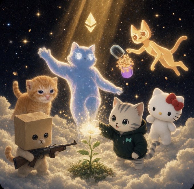 A whimsical digital illustration depicts various cartoon cats in a starry, cloudy sky, including one with a cardboard box head holding a rifle and a glowing blue cat, surrounding a small flower.