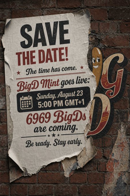 A vintage-style poster on a brick wall announces "SAVE THE DATE!" for "BigD Mint goes live" on "Sunday, August 23, 5:00 PM GMT+1" stating "6969 BigDs are coming."