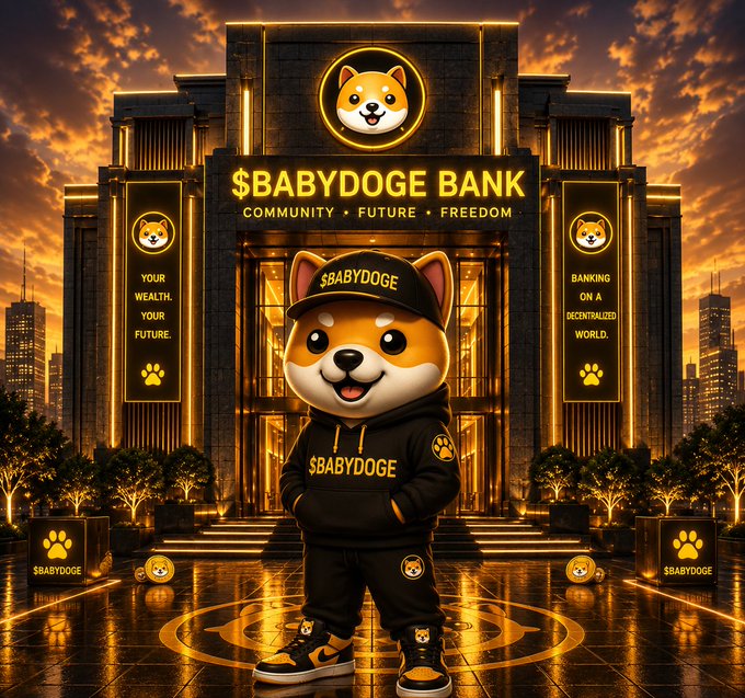 A mascot character wearing a $BABYDOGE cap and hoodie stands in front of a building labeled '$BABYDOGE BANK - COMMUNITY, FUTURE, FREEDOM' with golden accents.