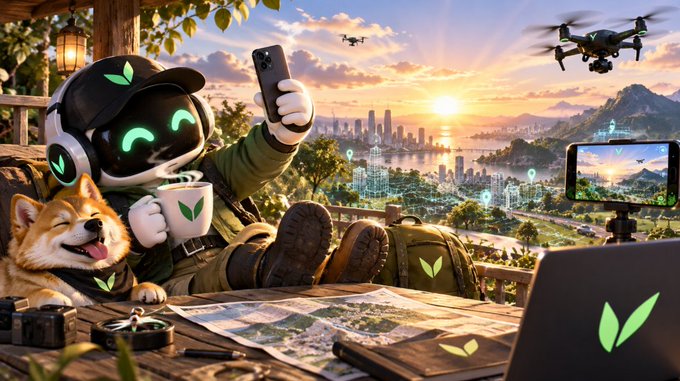A stylized digital illustration of a robot character wearing headphones and a cap, taking a selfie with a smartphone alongside a smiling Shiba Inu dog, with drones and a sunset cityscape in the background.