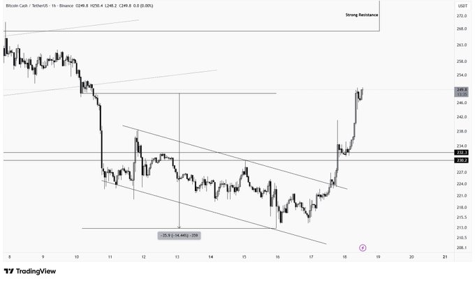 Bitcoin Cash ($BCH) 1-hour chart on Binance showing a strong bullish recovery from ~$216 lows toward the $267 resistance zone, currently trading at $249.9, with technical annotations marking "Strong Resistance" at the top and a measured target of "+14.44 (+6.23%)" projected from the recent breakout above the descending channel.