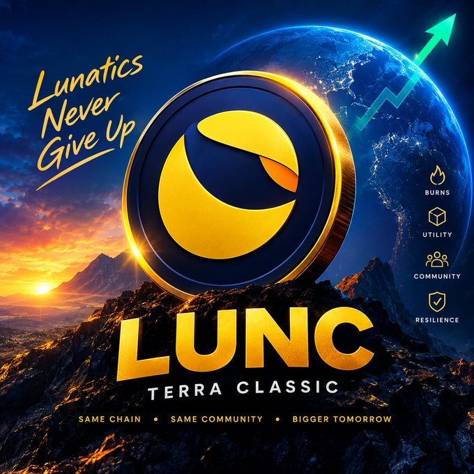 A crypto-style promotional poster for “LUNC” shows a gold circular logo above “TERRA CLASSIC,” with the slogans “Lunatics Never Give Up” and “SAME CHAIN • SAME COMMUNITY • BIGGER TOMORROW.” A side list reads “BURNS,” “UTILITY,” “COMMUNITY,” and “RESILIENCE,” beside Earth, mountains, a sunrise, and a rising arrow.