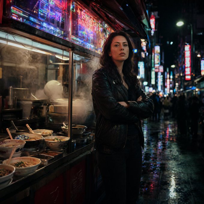 A woman in a black leather jacket standing with arms crossed at a steamy street food stall in a neon-lit city street at night.