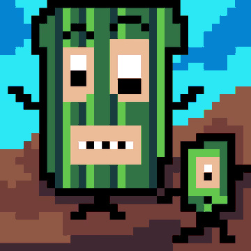 Pixel art of a green cactus-like character with a smaller companion against a brown landscape and blue sky background.