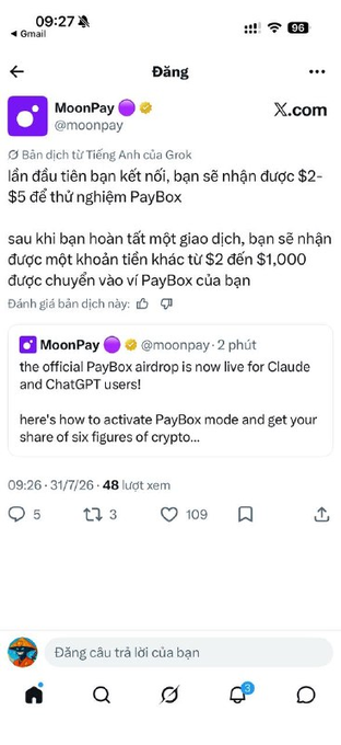 The image shows a tweet from MoonPay (@moonpay) announcing that the official PayBox airdrop is now live for Claude and ChatGPT users, offering a share of 6 figures of crypto by activating PayBox mode. This aligns with the post's information about earning $2-$5 upon connecting to PayBox, with a chance to receive random rewards from $2 to $1,000 after transactions on MoonPay.