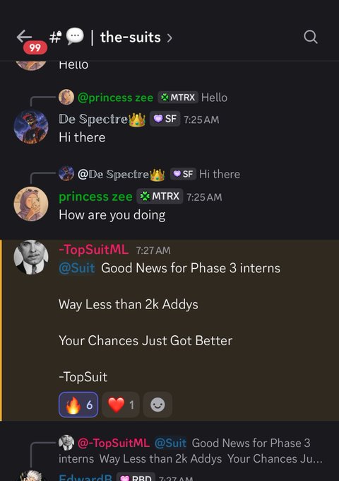 A screenshot of the "the-suits" Slack channel where "TopSuitML" announces exciting news for "@Suit" interns, noting fewer than 2,000 addys and improved chances, with reactions showing 6 fires, 1 heart, and 1 smile—aligning with the post's excitement about the Phase 3 interns finally getting their chance to #SuitUp.