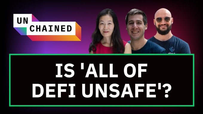 The image features a poster with three people's faces, including two men and one woman, against a purple background. The text "UnChained" is written above them, and below the group of people, there are questions posed about the safety of DeFi.