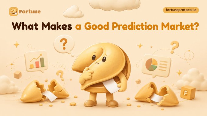 The image features a cartoon golden fortune cookie character in a thoughtful pose surrounded by broken cookies and floating data visualization icons, with the headline "What Makes a Good Prediction Market?" and the Fortune logo and fortuneprotocol.io URL. The illustration visually represents the post's concept of evaluating prediction markets, with the thinking cookie mascot pondering the three essential elements—deep liquidity and accurate prices—symbolized by the charts and graphs floating around it.