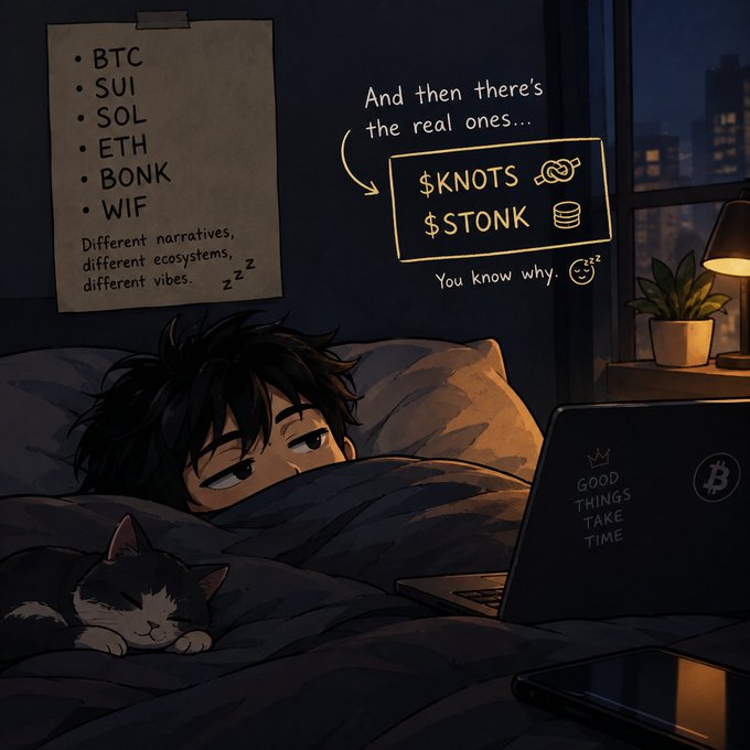 An anime-style illustration of a tired boy in bed with a cat, looking at a laptop displaying 'GOOD THINGS TAKE TIME' and a Bitcoin logo, while handwritten notes list cryptocurrencies (BTC, SUI, SOL, ETH, BONK, WIF) and highlight '$KNOTS' and '$STONK' as the 'real ones'.