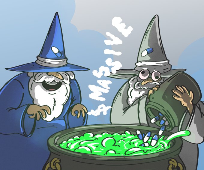 An illustration depicts two wizards, one in blue and one in green robes, brewing a potion in a large cauldron and adding blue and white capsules.