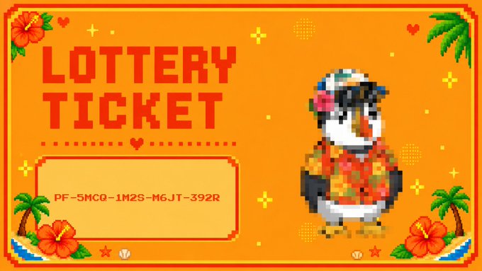 A pixel-art style lottery ticket graphic featuring a penguin in a Hawaiian shirt, with text 'LOTTERY TICKET' and code 'PF-5MCQ-1M2S-M6JT-392R'.