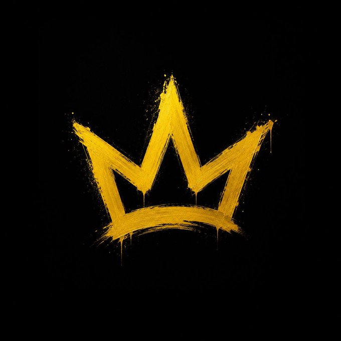 A stylized yellow crown painted with rough brushstrokes and dripping paint on a black background, resembling the Basquiat crown motif.