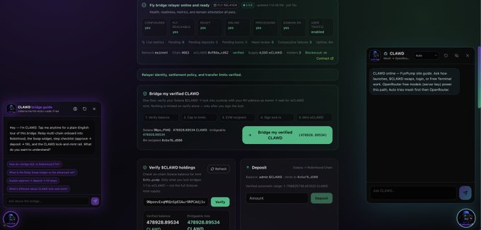 A screenshot showing a cryptocurrency bridge interface to CLAWO on the Sei network, with an AI chatbot assistant in the corner displaying the token name.