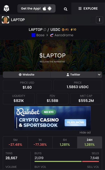 A cryptocurrency tracking page displays data for the token $LAPTOP on Base and Aerodrome chains, showing a price of $1.60 USDC, a market cap of $555.2M, and a 24-hour change of -27.48%.