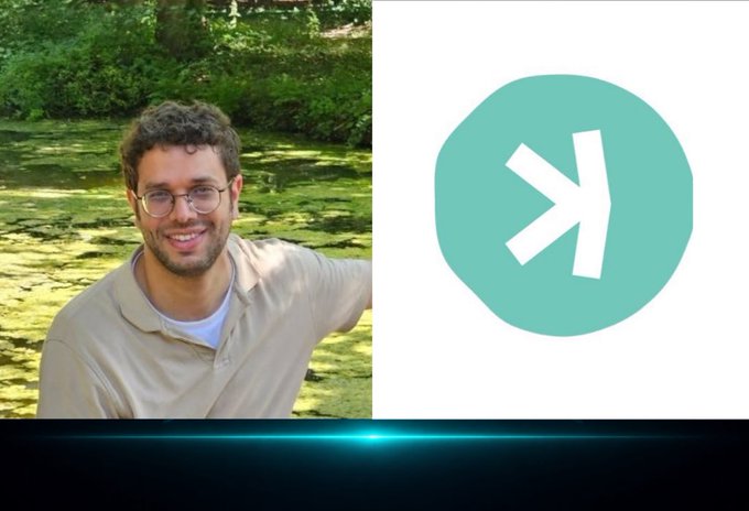 A split screen shows a smiling man with glasses on the left and a teal circle logo with a white symbol on the right, set against a background with a blue light effect.