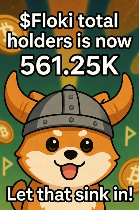 Floki promotional graphic featuring a cartoon Floki dog wearing a viking helmet, stating '$Floki total holders is now 561.25K - Let that sink in!'