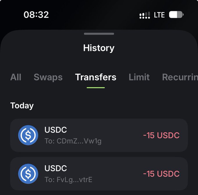 The screenshot shows a crypto wallet history displaying two USDC transfer transactions, each for -15 USDC, sent to addresses starting with "CDmZ...Vw1g" and "FvLg...vtrE" today. This appears to be evidence of distributing $30 total in USDC (two $15 transfers), which relates to the post's announcement of a giveaway promotion.