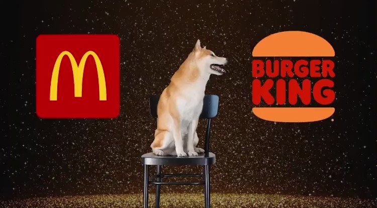 The image features a brown dog sitting on top of a black chair, with a McDonald's logo and a Burger King logo displayed below it. The caption above the image reads "Who will be the first to accept $DOGE? @McDonalds or @BurgerKing?" This suggests that someone might have a pet dog who accepts the cryptocurrency as payment for food or treats at either of these fast-food restaurants, and whoever decides to do so first will be crowned the winner.