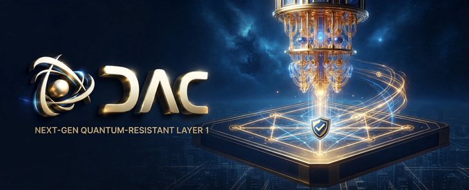 A promotional banner for DAC, labeled 'NEXT-GEN QUANTUM-RESISTANT LAYER 1,' featuring a glowing golden mechanical structure with the DAC logo.