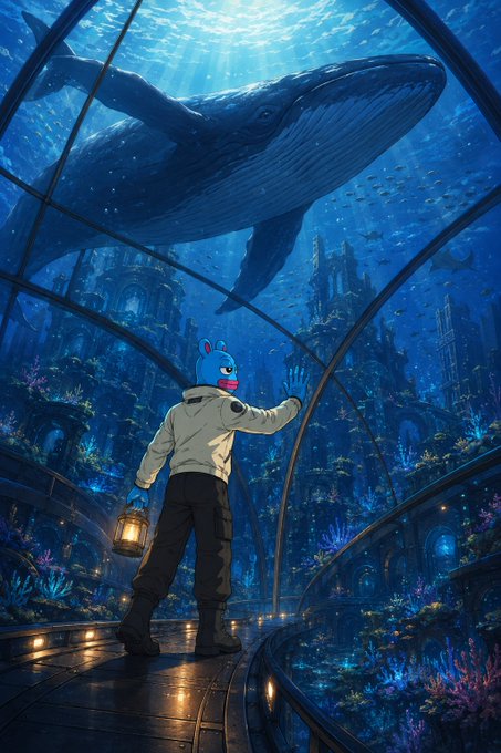 An anime-style illustration depicts a character with a blue duck-like head wearing a spacesuit, holding a lantern and gazing at a massive whale swimming above in an underwater city.
