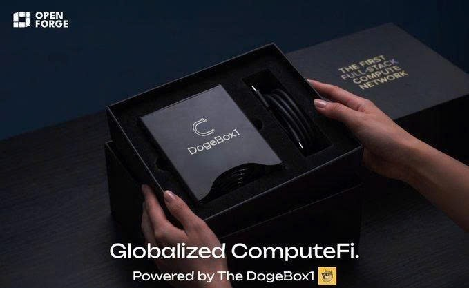 The image features an OpenForge advertisement for a new product called DogeBox1. This software is designed to be plugged into any computer and acts as a globalized component that can be powered by the ComputeFi network. The software allows users to mine DOGE, harvest CYS (Computer), and collect LTC from the ComputeFi network while benefiting from the rewards stack up in real time on their dashboard without the need for complex setups or tech headaches.