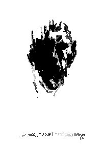 A high-contrast black-and-white image showing a stippled or ink-blot portrait of a face, with partially legible handwritten text beneath it.