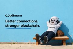 A promotional image for 'cøptimum' features a person in a white hoodie relaxing on a wooden bench against a blue wall, with the tagline 'Better connections, stronger blockchain.'