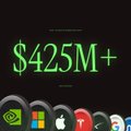 A graphic shows the text '$425M+' in green over a row of tech company logos including NVIDIA, Microsoft, Apple, and Tesla.