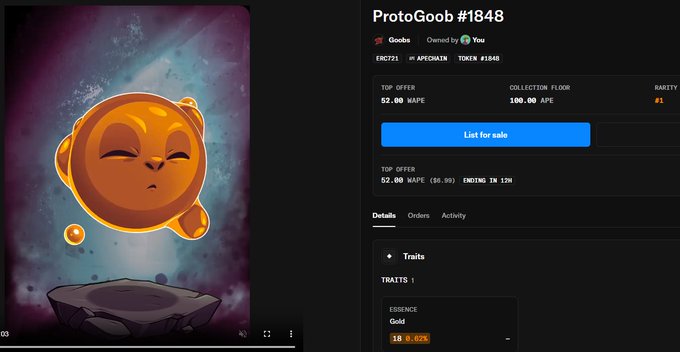 A digital marketplace listing for "ProtoGoob #1848" (Gooba NFT by ApesChain, token #1848) showing a top offer of 52 WAPE, with the orange Gooba character displayed on the left.
